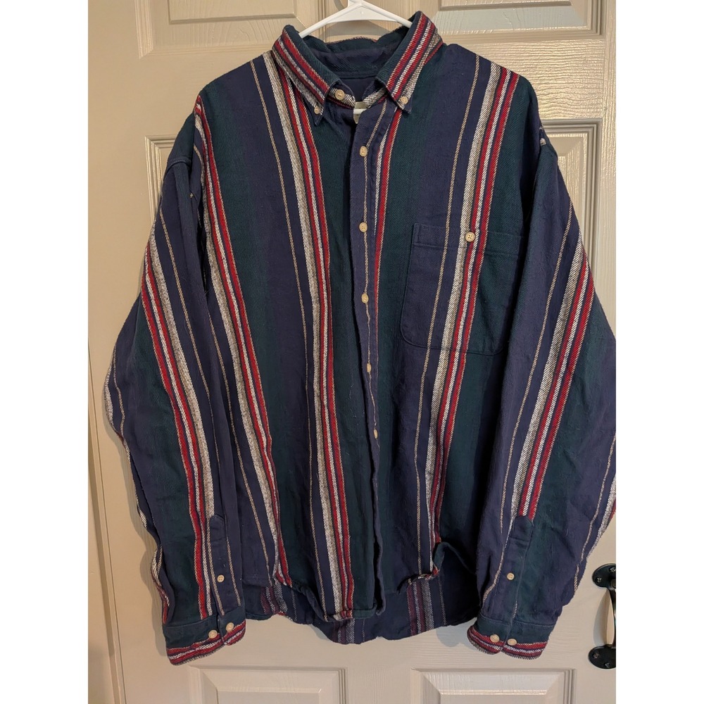 Vintage Eddie Bauer Mens Flannel Shirt Vertical Stripe Plaid Navy Cabin Camp Dad